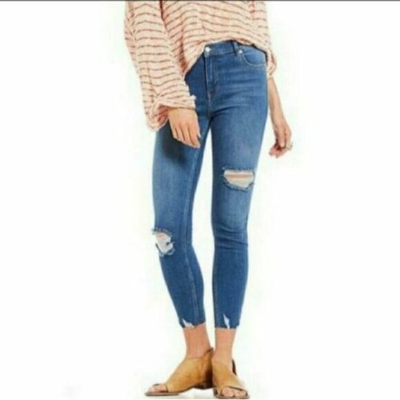 Free People Jeans Shark Bite Blue Distressed Skinny Size 26 Blue Denim - Picture 1 of 11